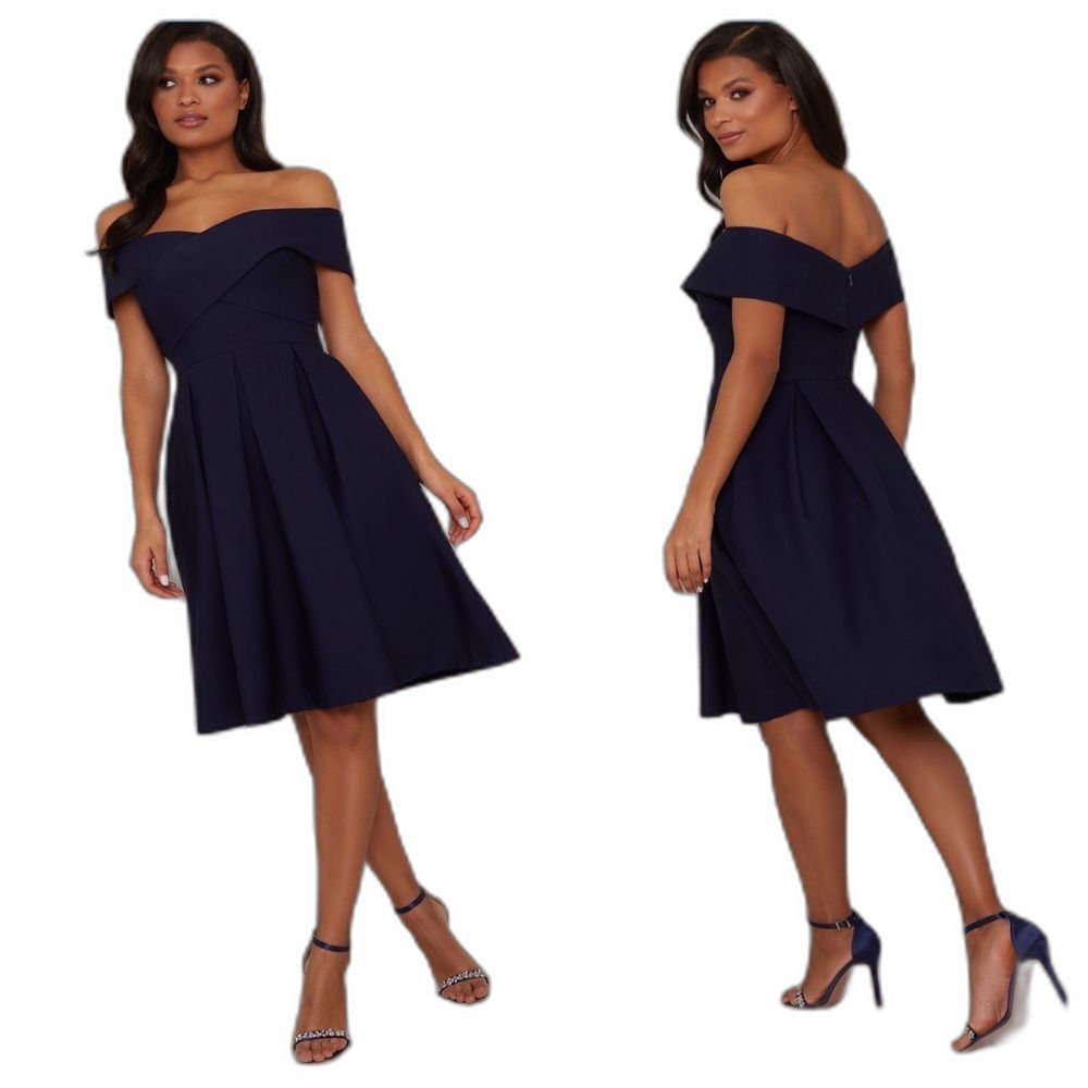 Chi Chi London Navy Bardot Wrap Skater Dress Size 8